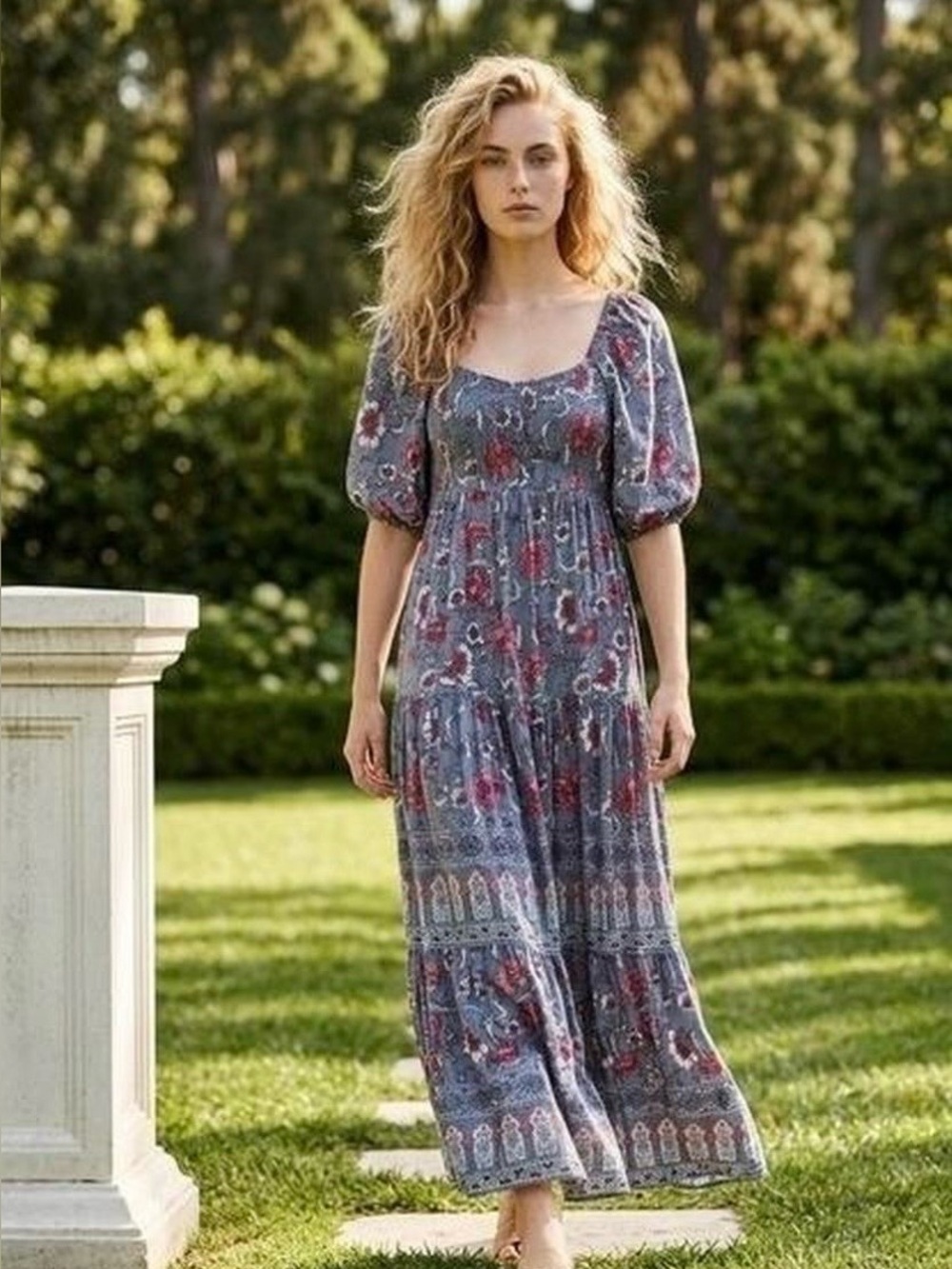 Knox Rose Blue Boho Floral Smocked Midi Dress